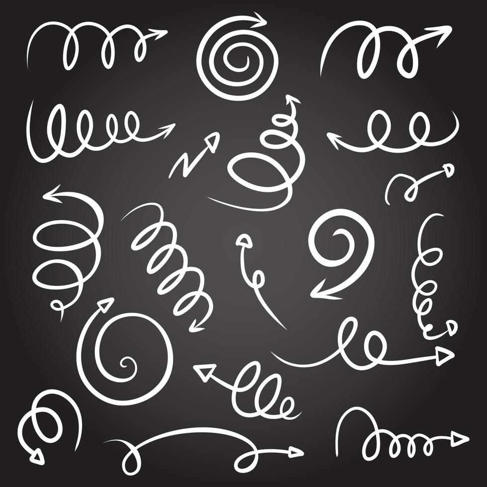 Satz Spiralen mit Pfeilen, Vektorillustrationshand gezeichnet auf schwarzem Hintergrund vektor
