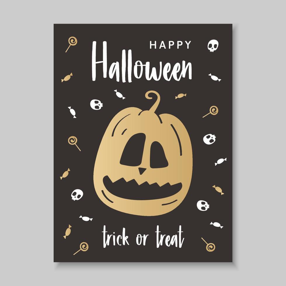 halloween affisch i hand dragen stil med en olycksbådande pumpa i svart och guld färger vektor