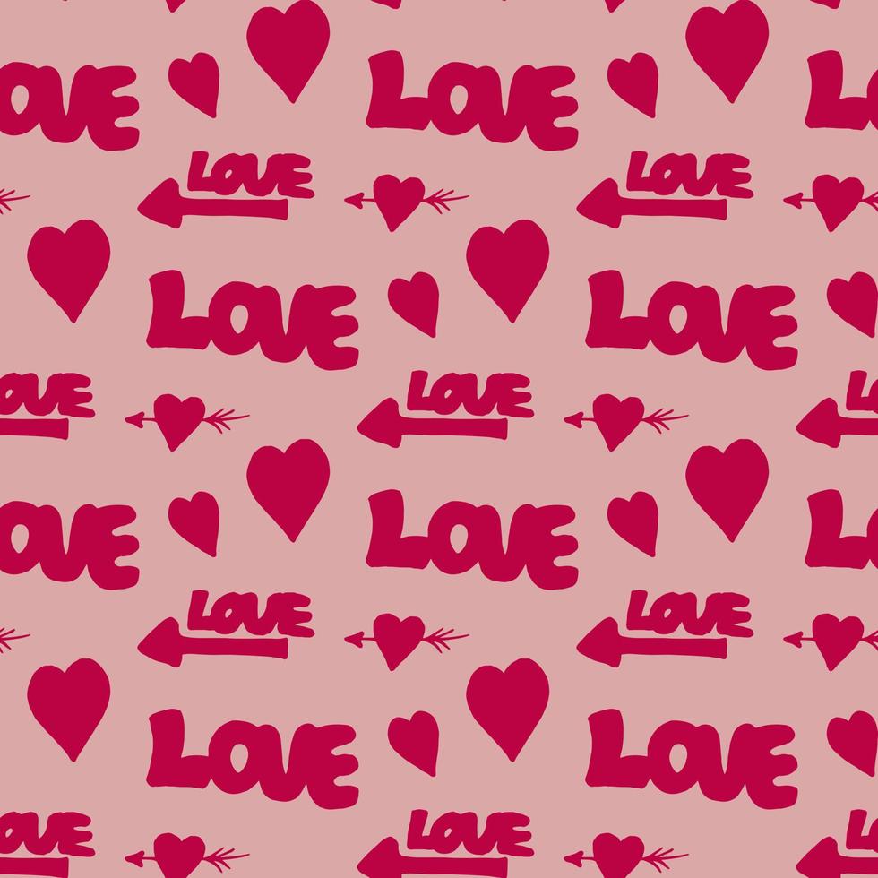 sömlös mönster med de ord kärlek och hjärtan på ljus rosa bakgrund. vektor bild.
