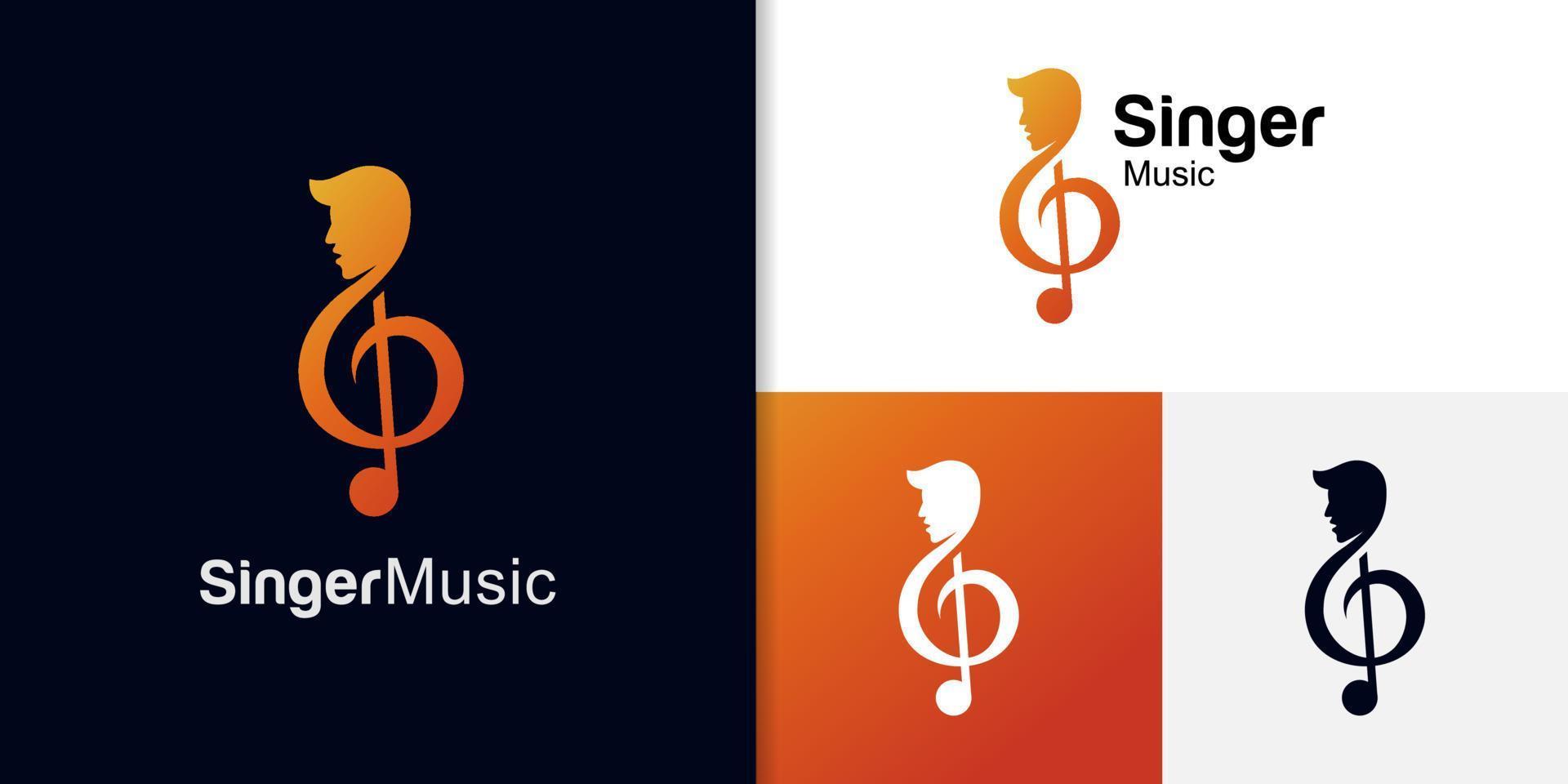 Vektorlogo des Sängers Vocal Karaoke, Chor mit Musiknoten Violinschlüssel - singendes Gesicht Silhouette Logo Design für Tonaufnahmestudio, Gesangskurs, Komponist vektor