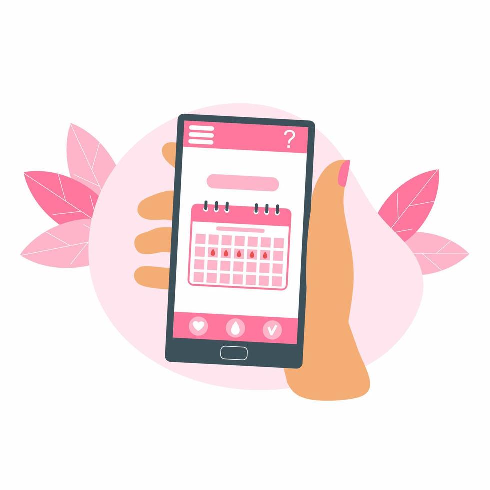 menstruation kalender i smartphone. hand innehar telefon. kvinnor hälsa. vektor