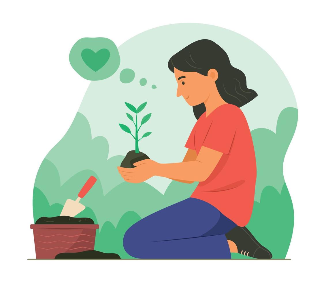 flicka plantering en ungt träd av växt i trädgård vektor