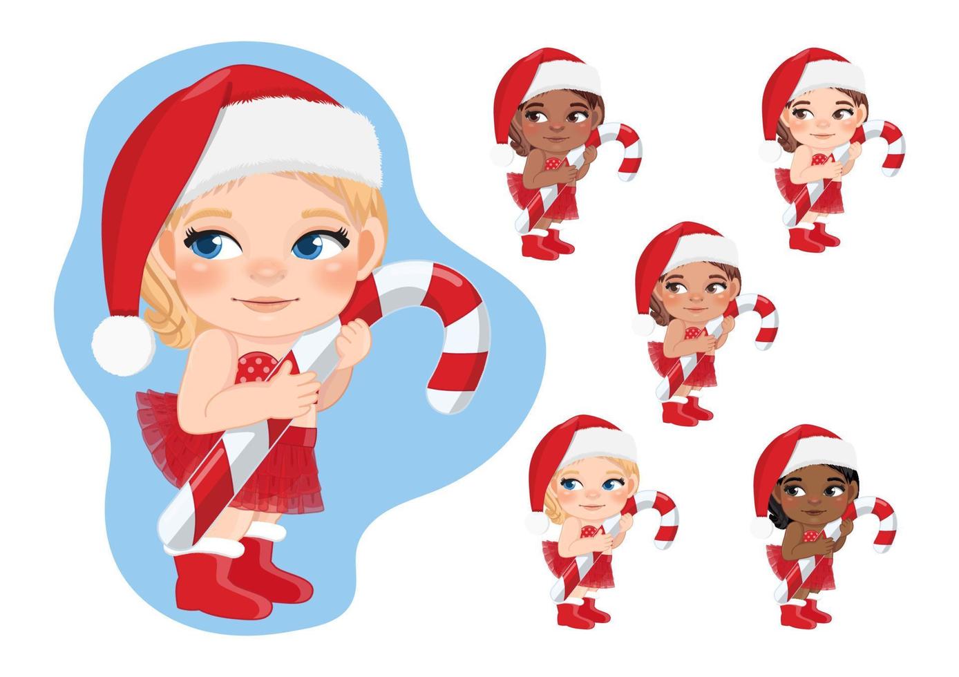 Set von niedlichen Cartoon-Mädchen mit roter Windel-Weihnachtsmütze, die Zuckerstange auf einem hellblauen Hintergrundvektor hält vektor