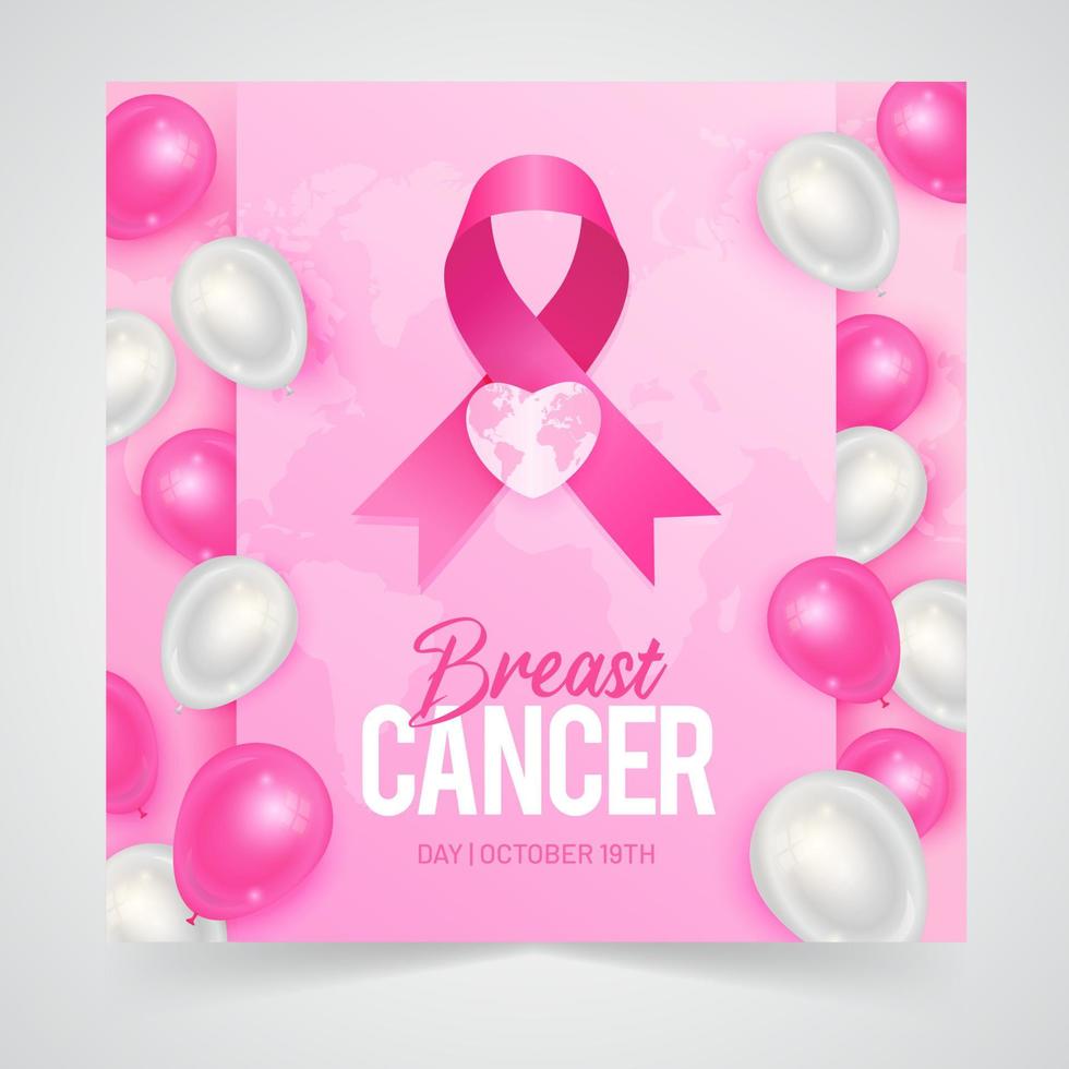 Lycklig bröst cancer dag oktober 19:e illustration med rosa band ballonger på global Kartor bakgrund vektor