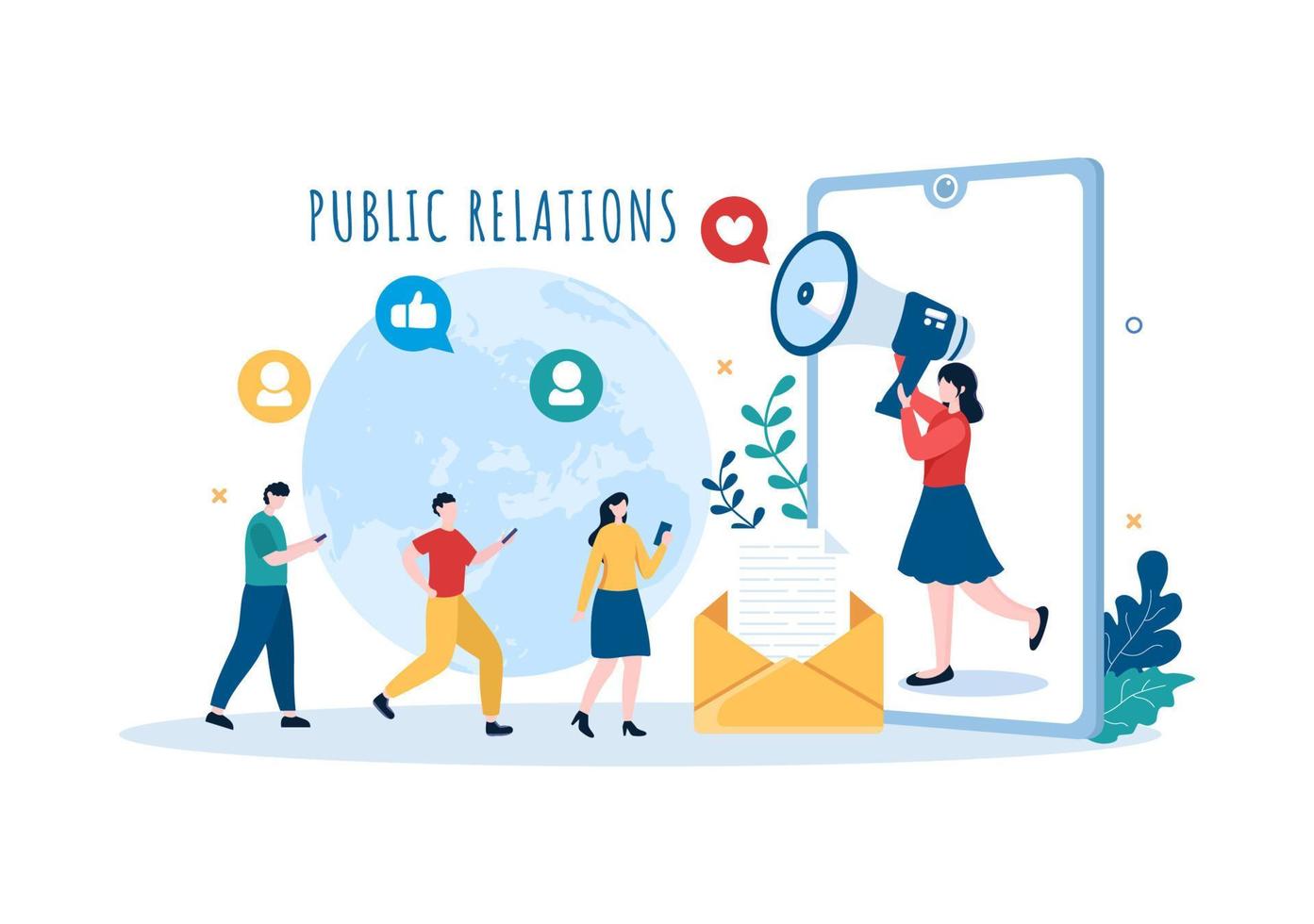 offentlig relationer mall hand dragen tecknad serie platt illustration med team för aning av marknadsföring kampanj genom massa media till annonsera din företag vektor