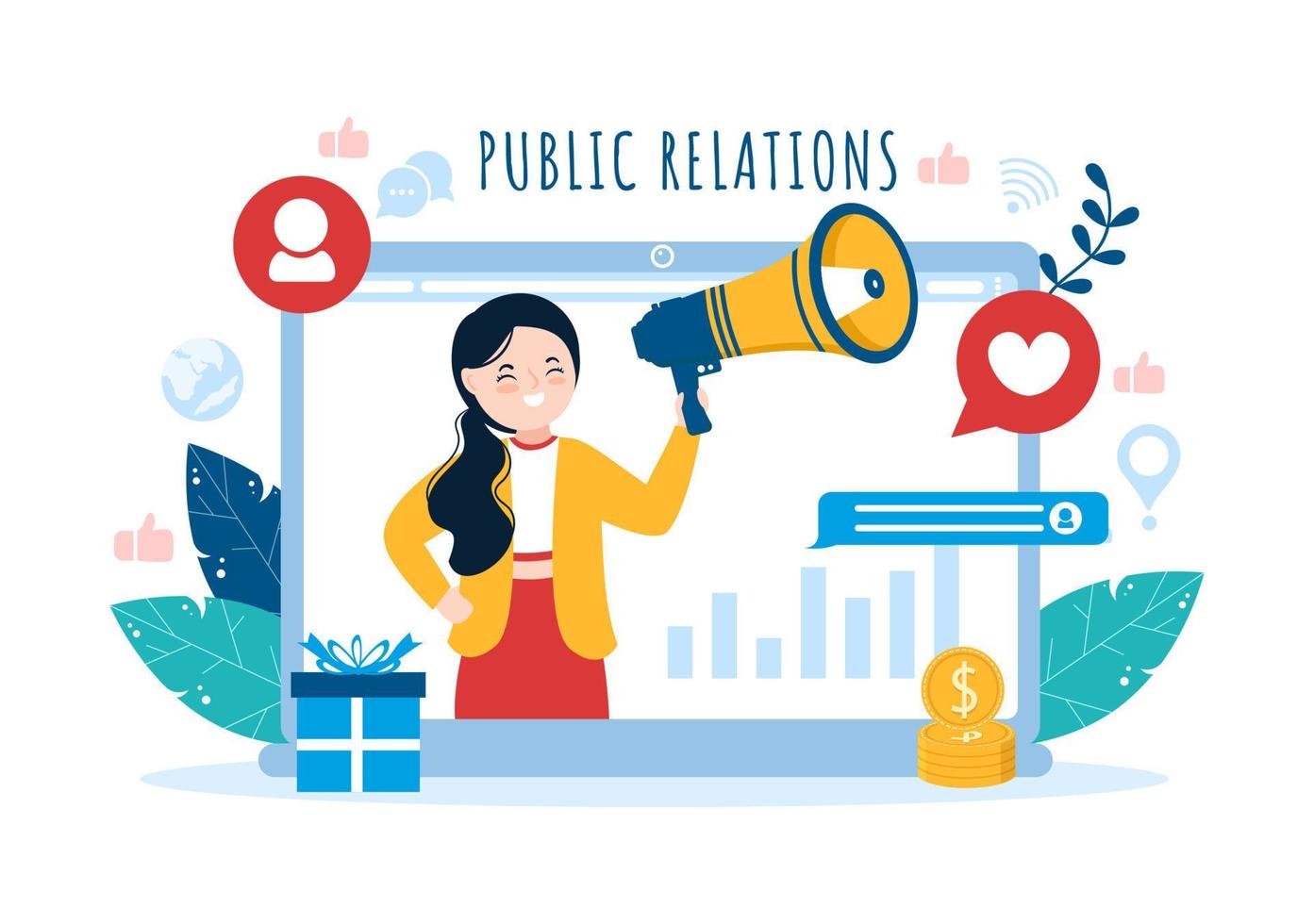 offentlig relationer mall hand dragen tecknad serie platt illustration med team för aning av marknadsföring kampanj genom massa media till annonsera din företag vektor