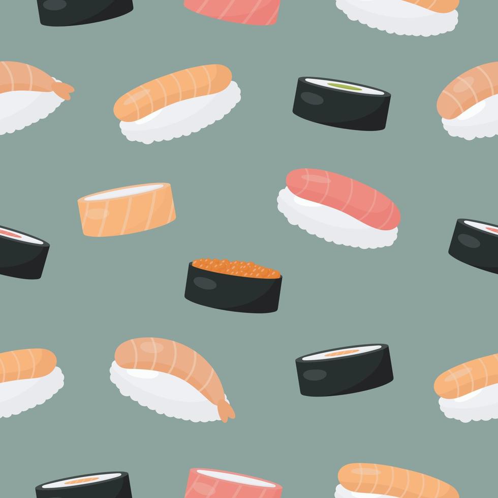 Nahtloses Muster mit Sushi. Vektor-Illustration. für Speisekarte, Plakate, Banner, Bedrucken der Verpackung, Bedrucken von Kleidung, Stoffen, Tapeten. vektor