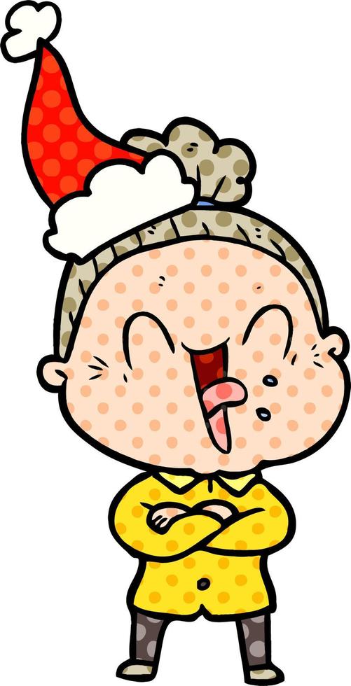 Comic-Stil Illustration einer glücklichen alten Frau mit Weihnachtsmütze vektor
