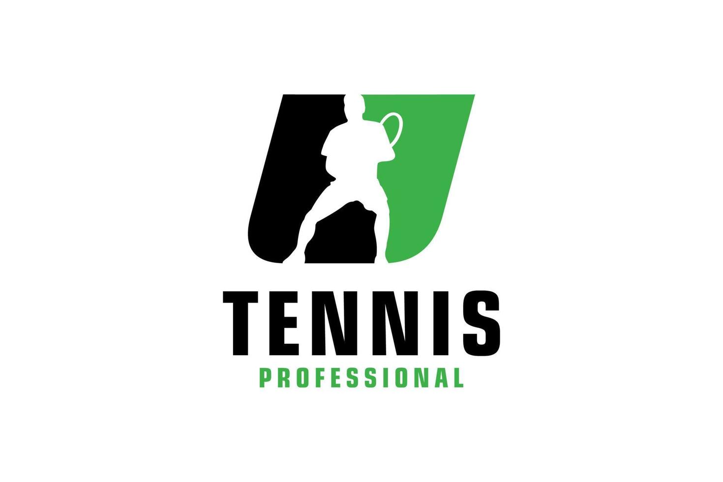 bokstaven u med tennisspelare silhuett logotyp design. vektor designmall element för sport team eller företagsidentitet.