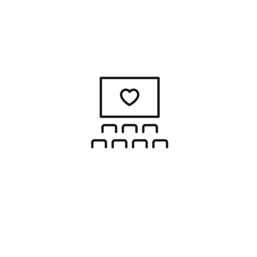 Romantik, Liebe und Dating-Konzept. umrisszeichen und bearbeitbarer strich im modernen flachen stil gezeichnet. geeignet für Artikel, Websites usw. Vektorliniensymbol des Herzens auf der Kinoleinwand im Kinosaal vektor