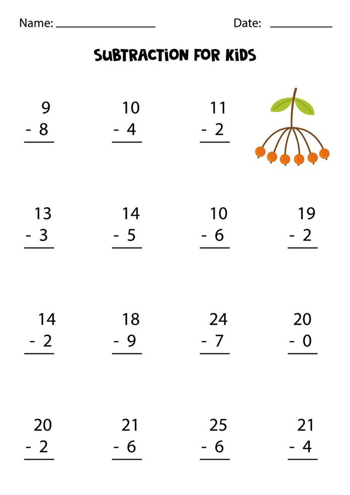 Subtraktion mit Aschebeere. Mathe-Lernspiel für Kinder. vektor