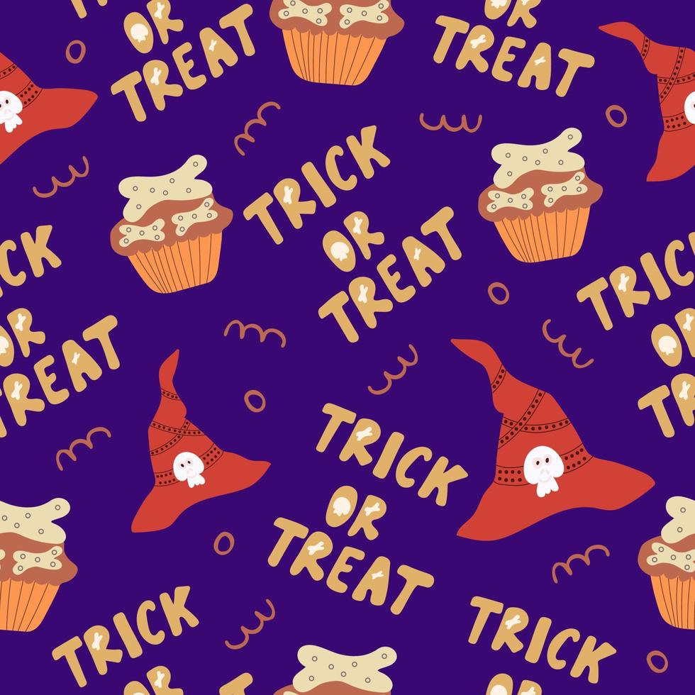 nahtloses muster für halloween-feiertage mit niedlichem trick-or-treat-schriftzug und knochen. kindlicher hintergrund für stoff, verpackungspapier, textilien, tapeten. Vektor-Illustration vektor