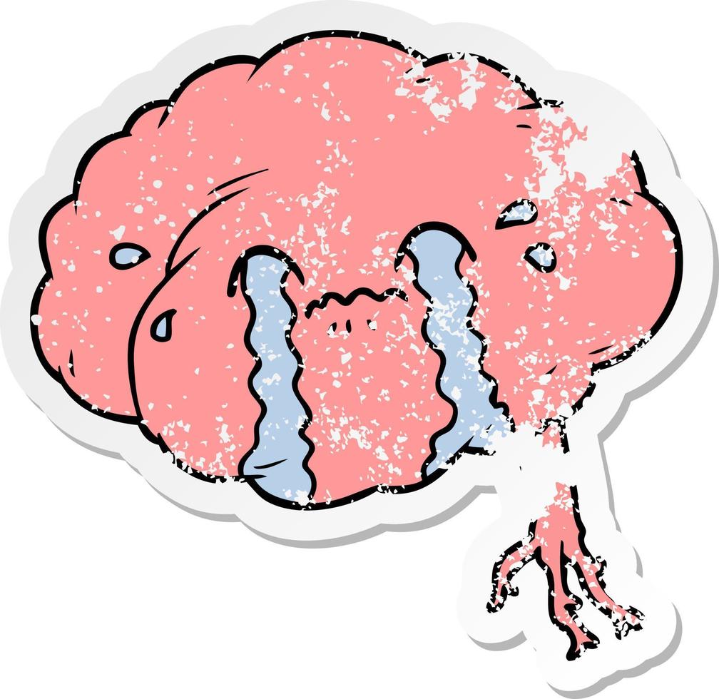 bedrövad klistermärke av en tecknad serie hjärna med huvudvärk vektor