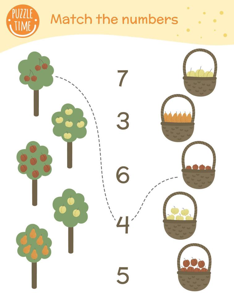 passendes Spiel mit Bäumen, Früchten und Körben. Mathe-Aktivität für Kinder im Vorschulalter. Arbeitsblatt zählen. Lernrätsel mit niedlichen lustigen Charakteren. vektor