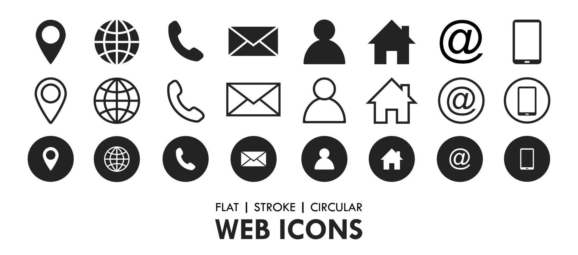 grundläggande platt stroke cirkulär webb ikon uppsättning telefon Kontakt plats knapp vektor