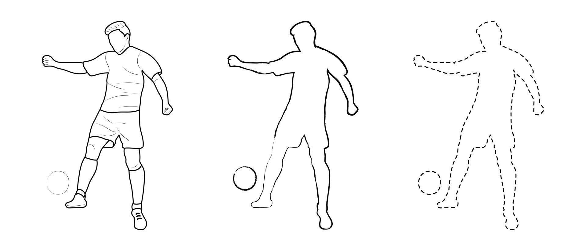 skizzenzeichnung, silhouette umriss, sportler fußballer im ballspiel. Linienstil und Pinselstriche vektor