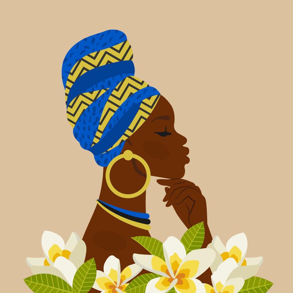 ung skön svart kvinna. afrikansk amerikan flicka med plumeria blommor. kvinna etnicitet karaktär i nationell klänning. porträtt konst. vektor tecknad serie platt illustration för avatar, mode, kort