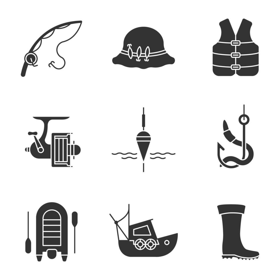 Angel-Glyphen-Symbole, Schwimmweste, Angelschwimmer und Haken, Köder, Motorboot, Coble, Gummistiefel. Silhouettensymbole. vektor isolierte illustration