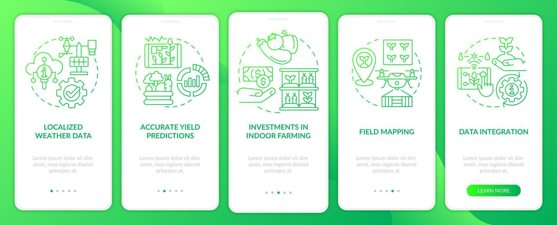 aktuelle landwirtschaftstrends grüner gradient beim onboarding des mobilen app-bildschirms. Komplettlösung 5 Schritte grafische Anleitungsseiten mit linearen Konzepten. ui, ux, gui-Vorlage. Unzählige pro-fette, normale Schriftarten werden verwendet vektor