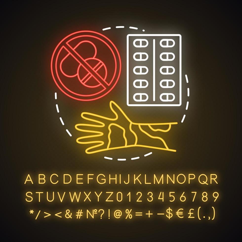 Symbol für das Neonlicht-Konzept der Drogenallergie. allergische reaktion auf medikamente idee. Nesselsucht, juckende Haut, Hautausschlag an der Hand. leuchtendes zeichen mit alphabet, zahlen und symbolen. vektor isolierte illustration