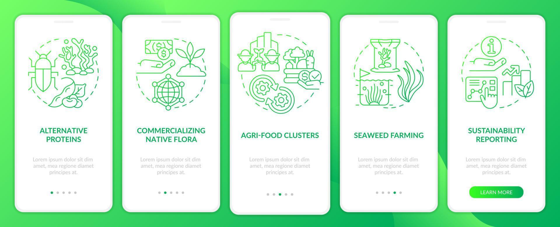 Agrartrends grüner Farbverlauf beim Onboarding auf dem Bildschirm der mobilen App. Farming Walkthrough 5 Schritte grafische Anleitungsseiten mit linearen Konzepten. ui, ux, gui-Vorlage. Unzählige pro-fette, normale Schriftarten werden verwendet vektor