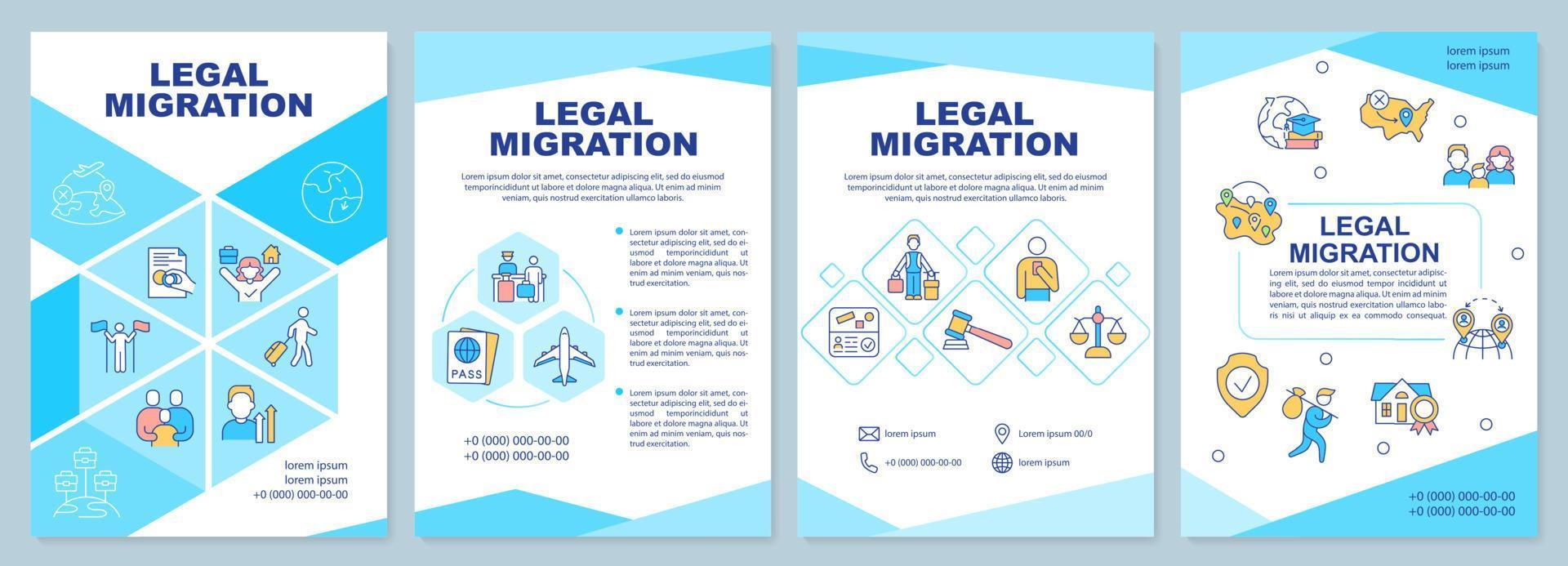 Rättslig migration blå broschyr mall. omlokalisering utomlands. folder design med linjär ikoner. 4 vektor layouter för presentation, årlig rapporterar. arial-svart, myriad pro-ordinarie typsnitt Begagnade