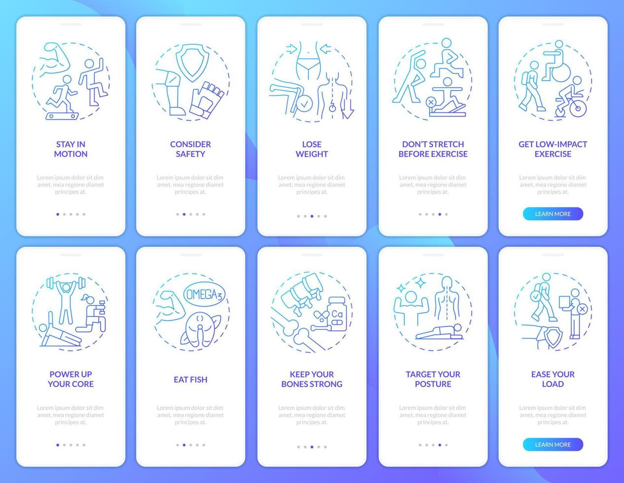 gelenke gesund halten blauer farbverlauf beim onboarding des mobilen app-bildschirmsatzes. Komplettlösung 5 Schritte grafische Anleitungsseiten mit linearen Konzepten. ui, ux, gui-Vorlage. Unzählige pro-fette, normale Schriftarten werden verwendet vektor