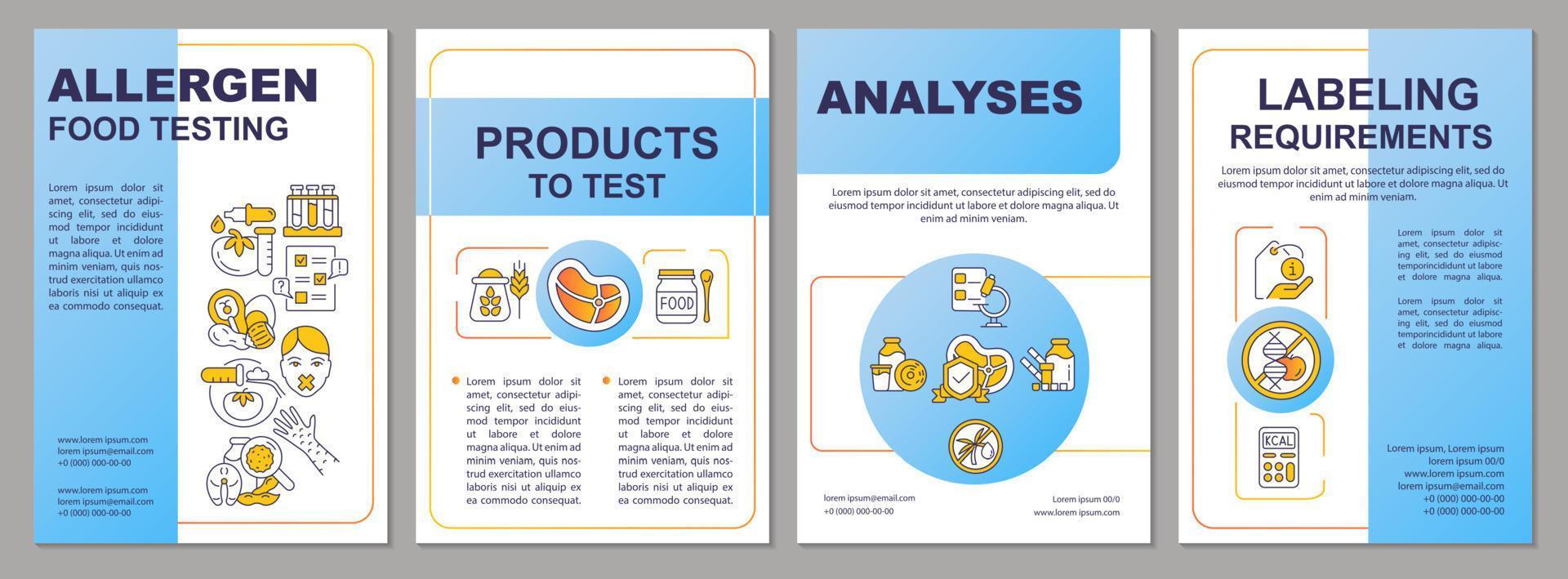 blaue broschürenvorlage für den lebensmittelempfindlichkeitstest. Kennzeichnungsanforderungen. Broschürendesign mit linearen Symbolen. 4 Vektorlayouts für Präsentationen, Jahresberichte. arial, unzählige pro-reguläre Schriftarten verwendet vektor
