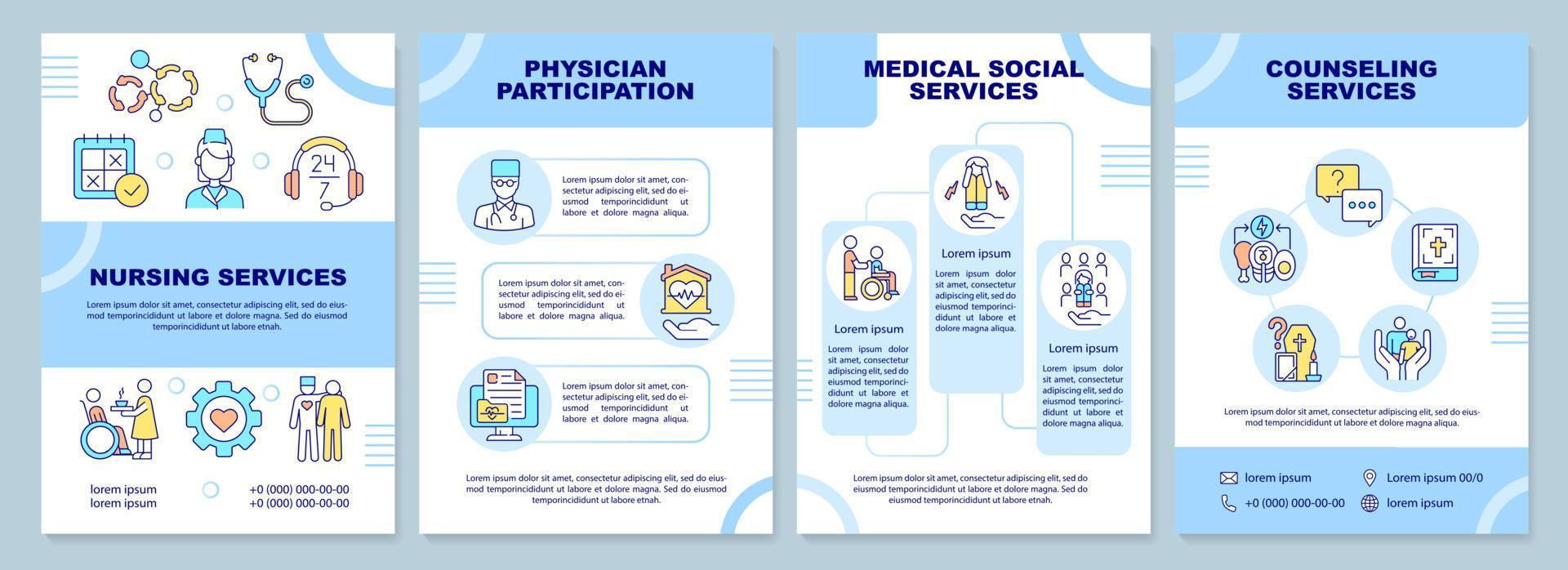 hospizpflege enthält blaue broschürenvorlage. Patientenunterstützung. Broschürendesign mit linearen Symbolen. 4 Vektorlayouts für Präsentationen, Jahresberichte. arial-schwarz, unzählige Pro-Regular-Schriftarten verwendet vektor