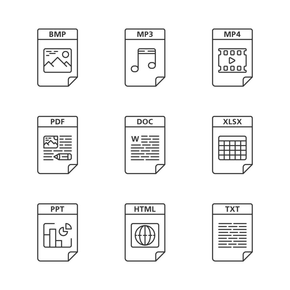 Dateien formatieren lineare Symbole festgelegt. Bild-, Multimedia-, Text-, Webseitendateien. bmp, mp3, mp4, pdf, doc, xlsx, ppt, html, txt. dünne Linienkontursymbole. isolierte vektorumrissillustrationen. editierbarer Strich vektor