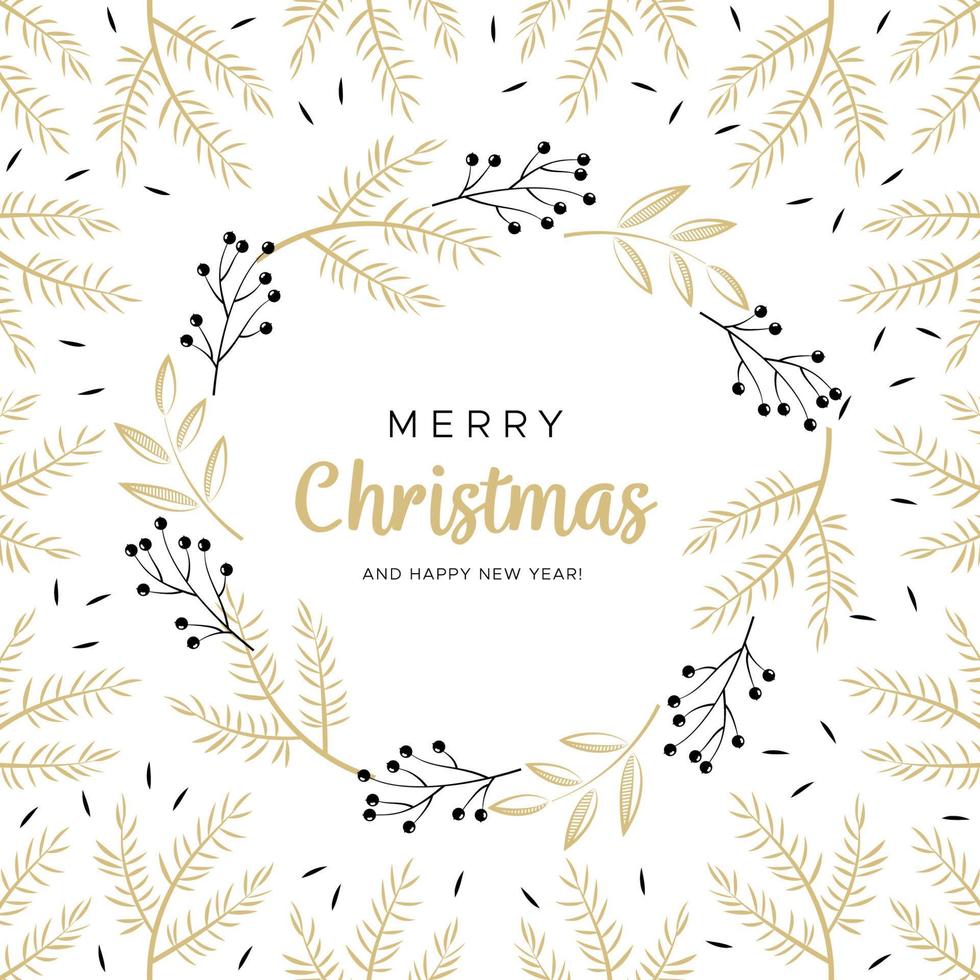frohe weihnachten und ein frohes neues jahr grußkarte mit schwarzen und goldenen zweigen und tannenzapfen. vektor