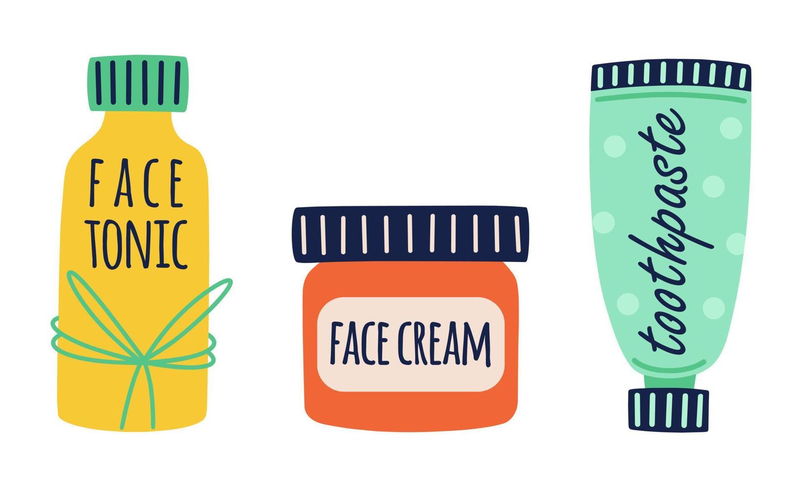 tandkräm, ansikte grädde, tonic vektor ikoner uppsättning. flaskor med kosmetika för hud vård, fuktgivande, pensling tänder. eco Produkter för en friska livsstil. platt ClipArt för skönhet. isolerat på vit
