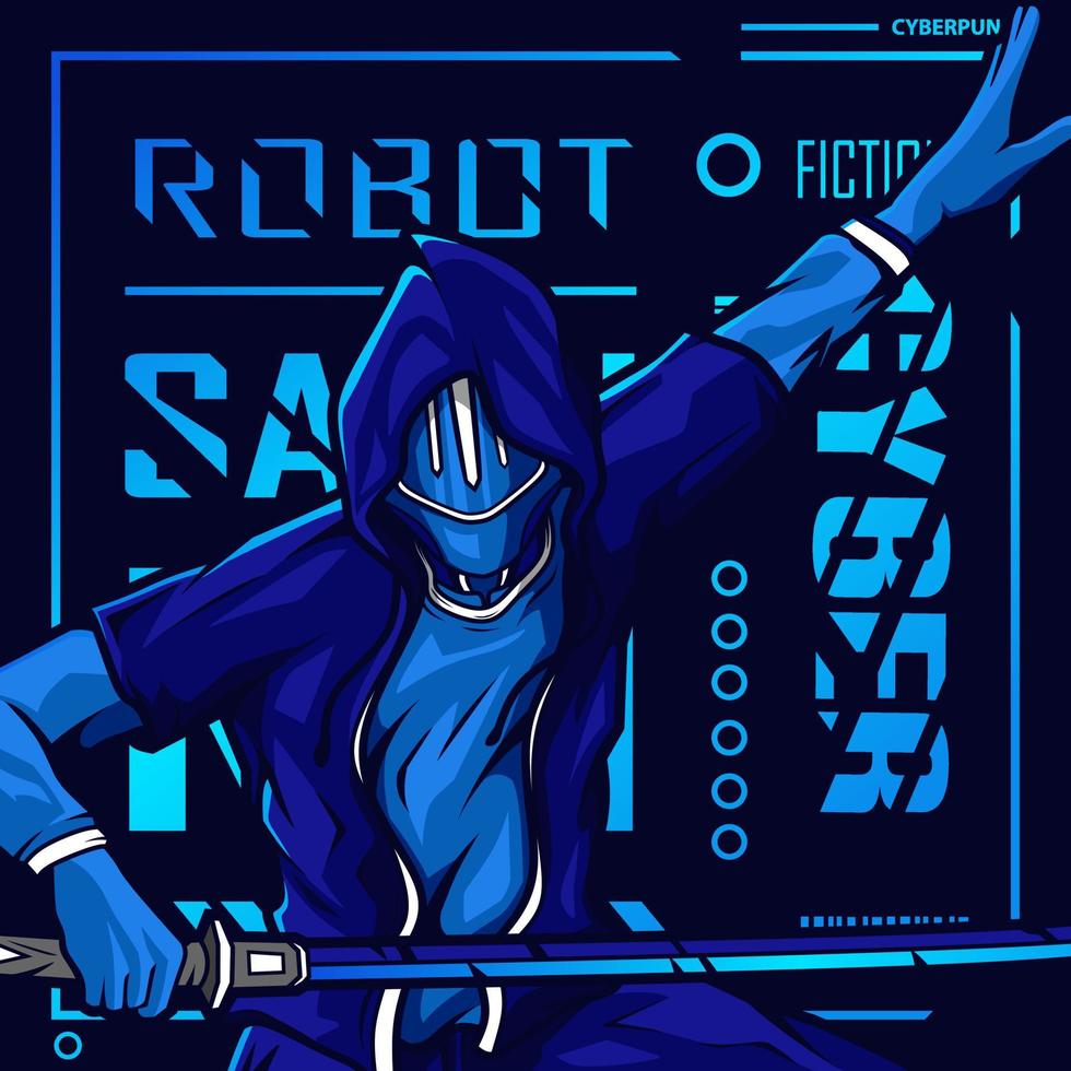 Samurai-Helden-Cyberpunk-Fiction-Charaktervektor. bunte T-Shirt-Designillustration. vektor