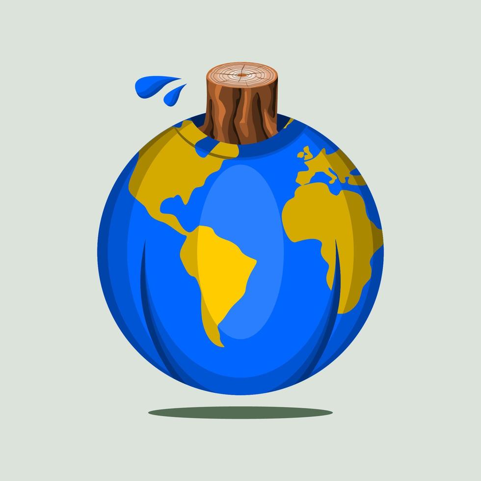 Bearbeitbarer Vektor des enthaupteten Baumstamms auf der Erdkugel als menschenähnliche Objektillustration für Earth Day-Kampagnen oder Naturkatastrophen und umweltbezogenes Design