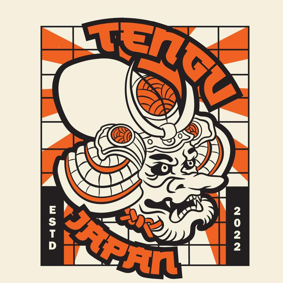 T-Shirt-Illustrationsdesign der Dämonen-Tengu-Maske im japanischen Stil. japanischer maskenillustrationsvektor isoliert. geeignet für T-Shirt-Design, Poster, Logo und Tapete. vektor