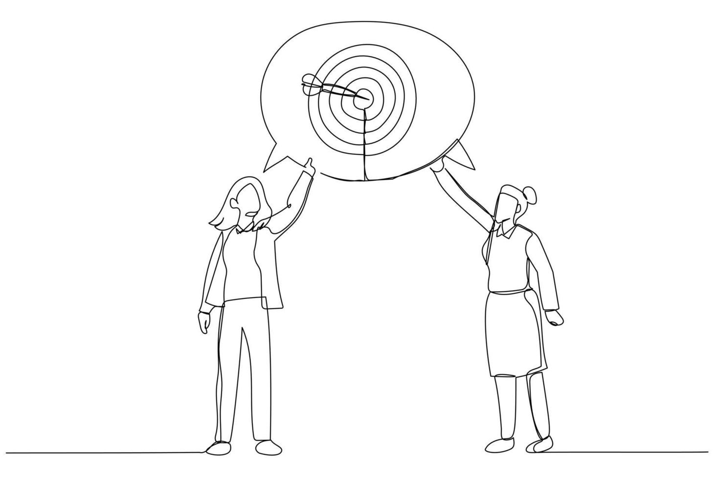 Karikatur von zwei Geschäftsfrauen, die über Ziel sprechen. einzeiliger Kunststil vektor