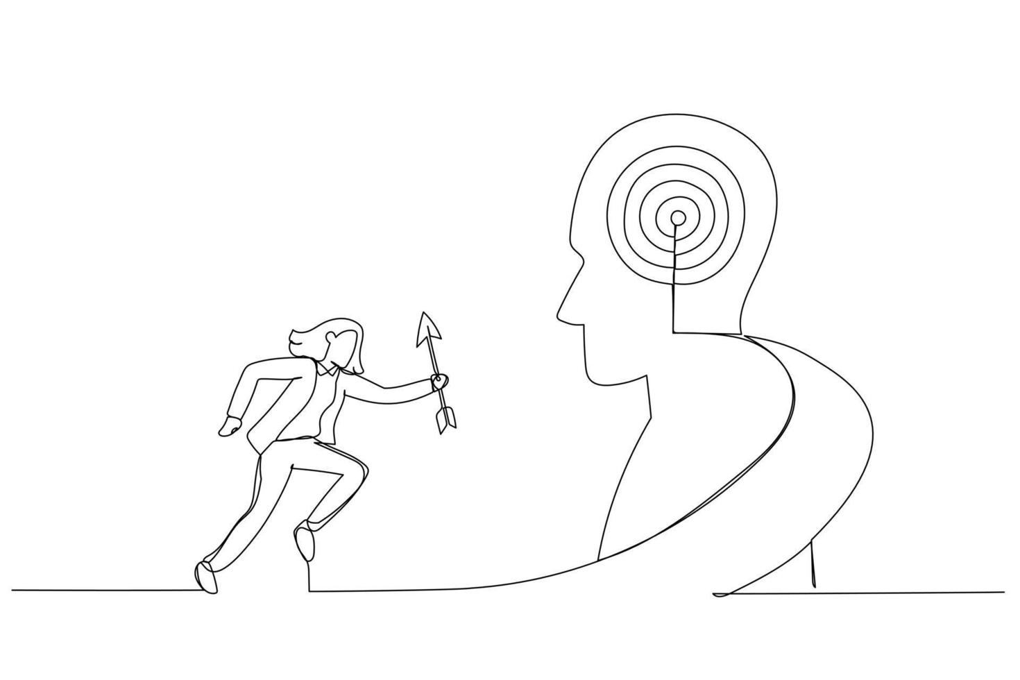 Zeichnung der Geschäftsfrau hält den Pfeil, der die Treppe hinauf zum Ziel auf dem menschlichen Kopf läuft. Metapher für Wachstum, Erfolg, Ziel, Positionierung. Kunststil mit durchgehender Linie vektor