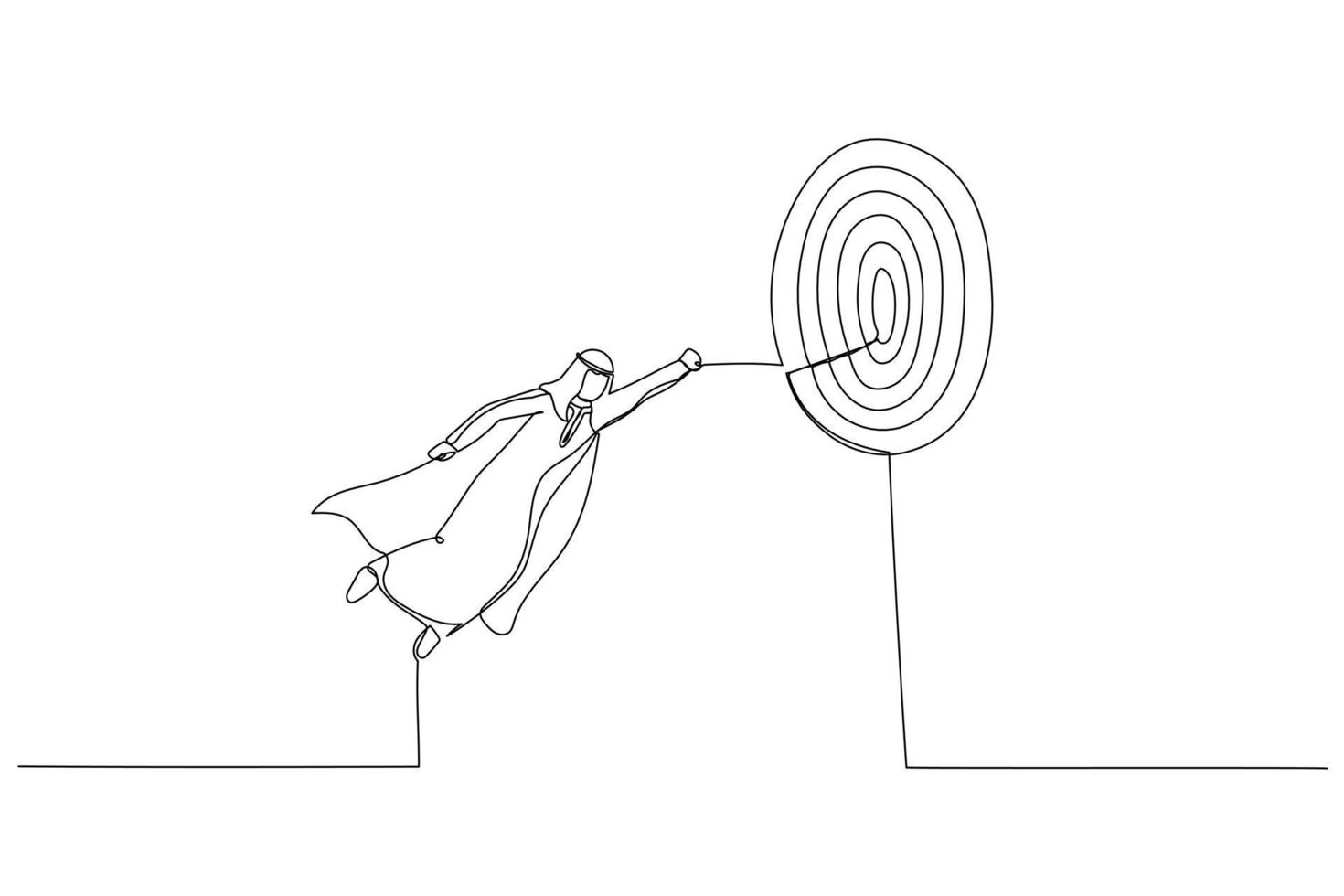 illustration eines arabischen geschäftsmann-superhelden, der schnell durch das geschäftsziel fliegt. Metapher für Zielerreichung, Herausforderung oder Mission. Einzeiliger Kunststil vektor