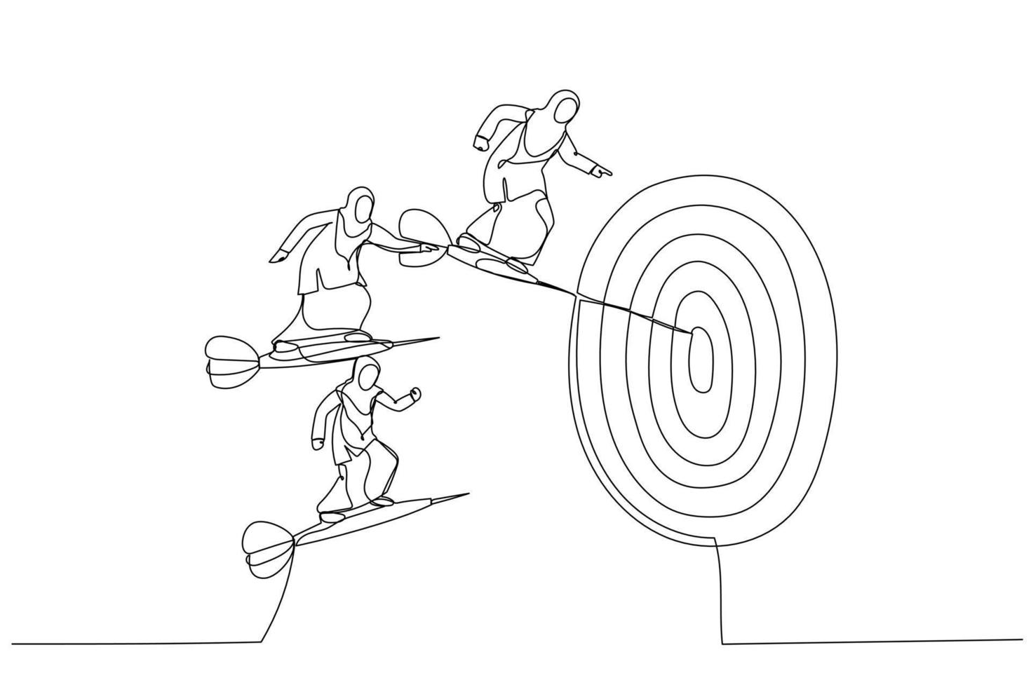 teckning av affärskvinna stå på dart och flyga tillsammans till de tjurar öga. ett linje stil konst vektor