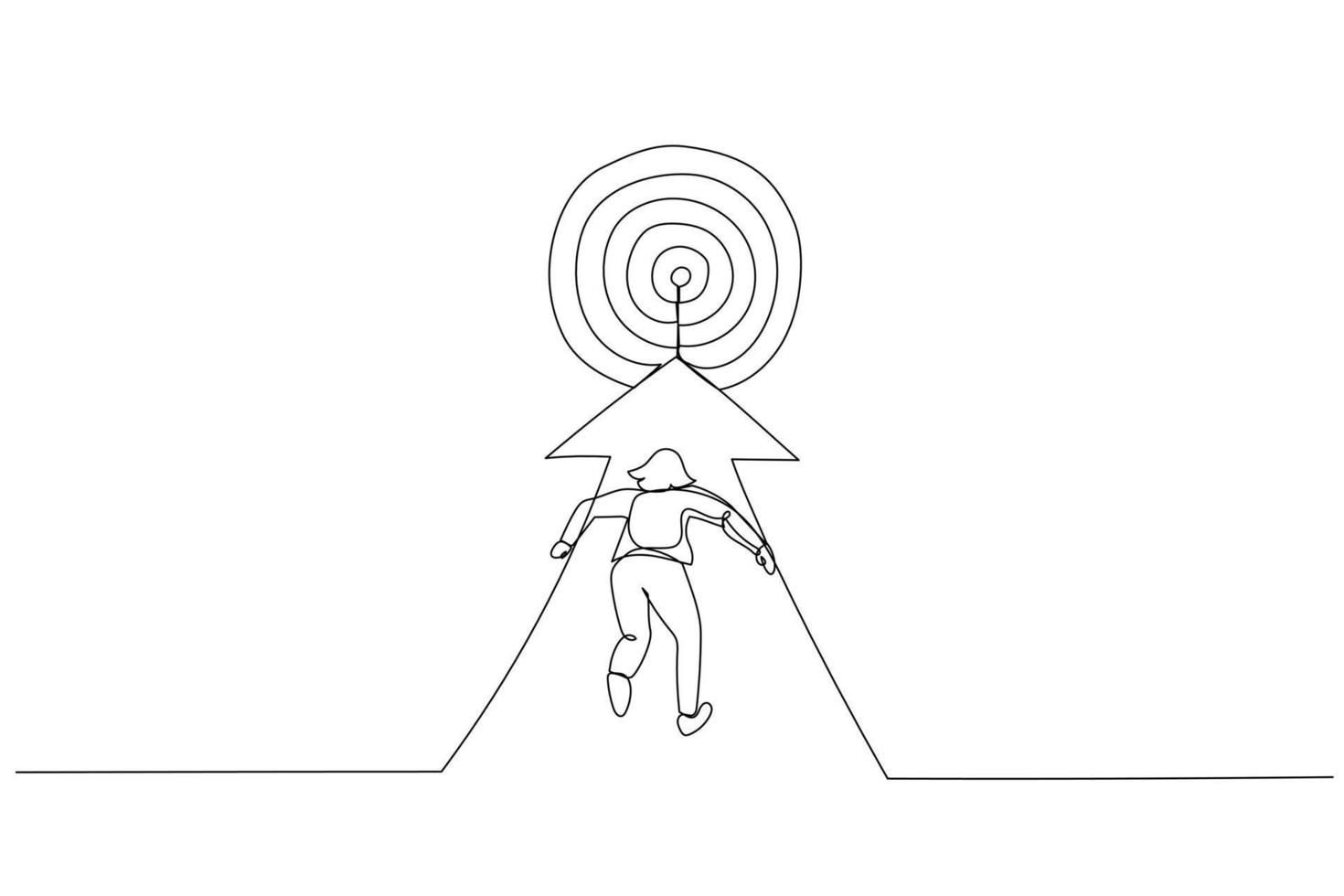 illustration av affärskvinna löpning till de mål. liknelse för nå de mål. enda kontinuerlig linje konst vektor