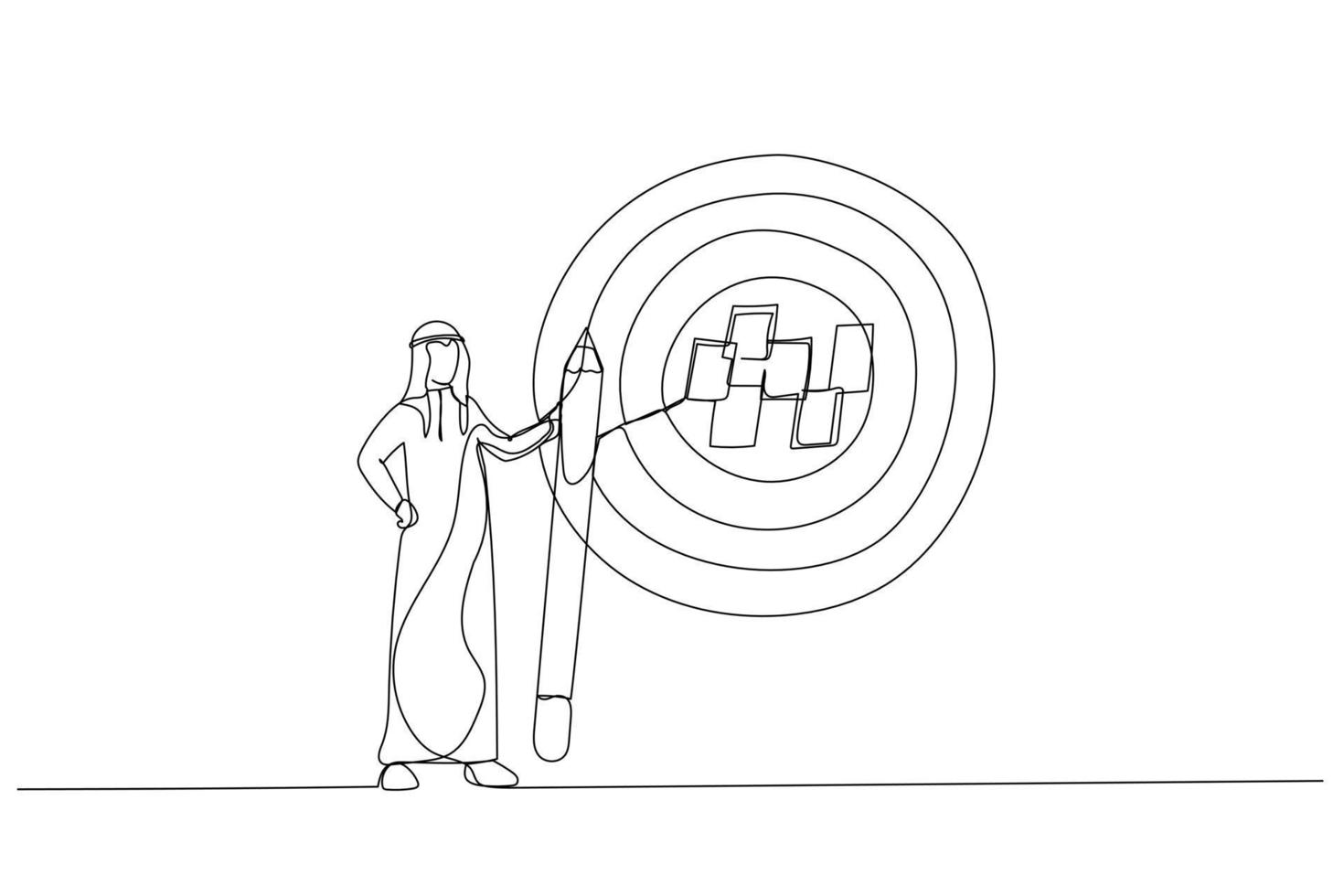 teckning av arab affärsman skriva ner mål på anteckningar och sätta på stor dartboard mål. liknelse för mål miljö, uppnåelig mål eller meningsfullt mål. enda kontinuerlig linje konst stil vektor