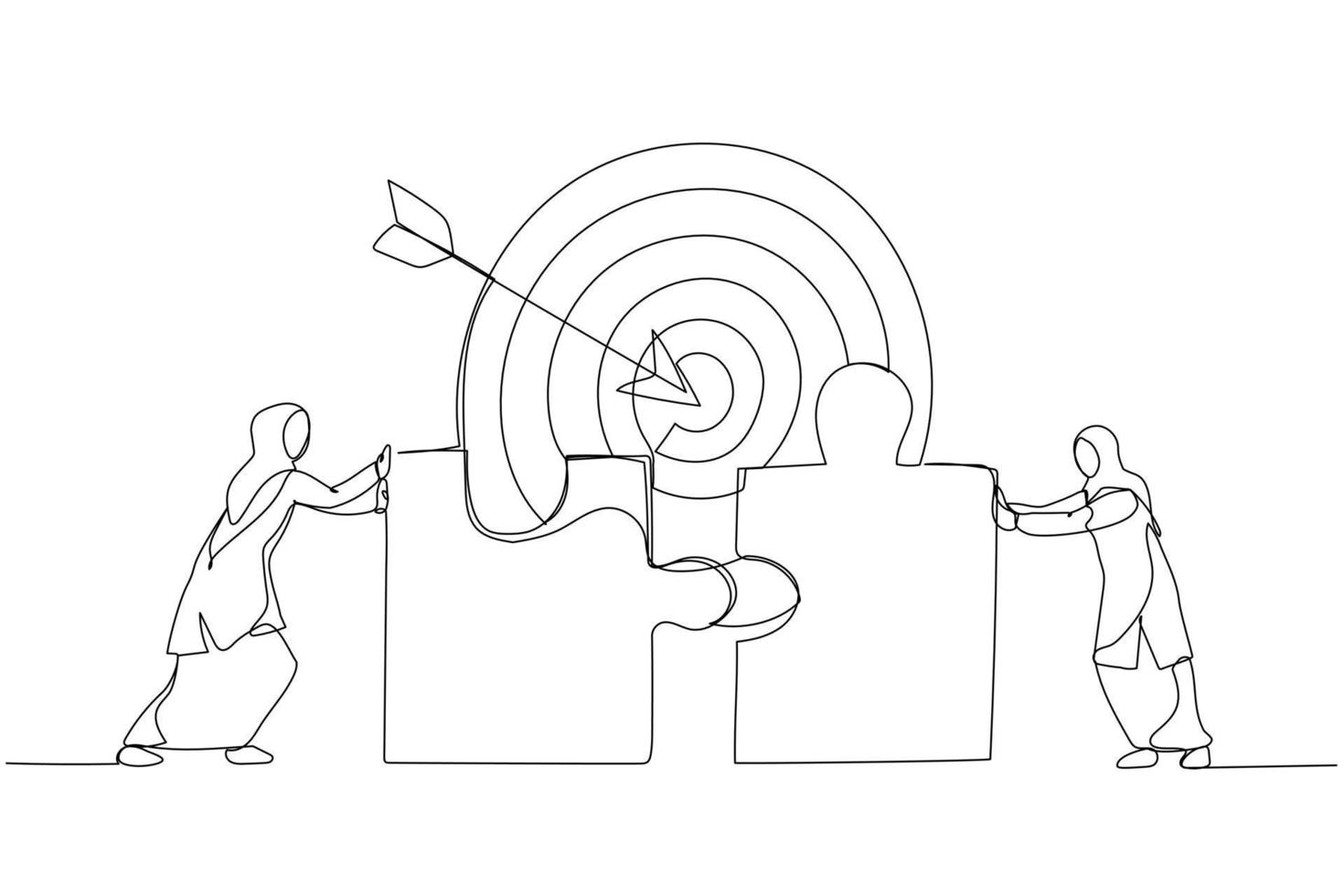tecknad serie av muslim affärskvinna ansluter pussel element. liknelse för lagarbete Framgång mål prestation. ett linje stil konst vektor