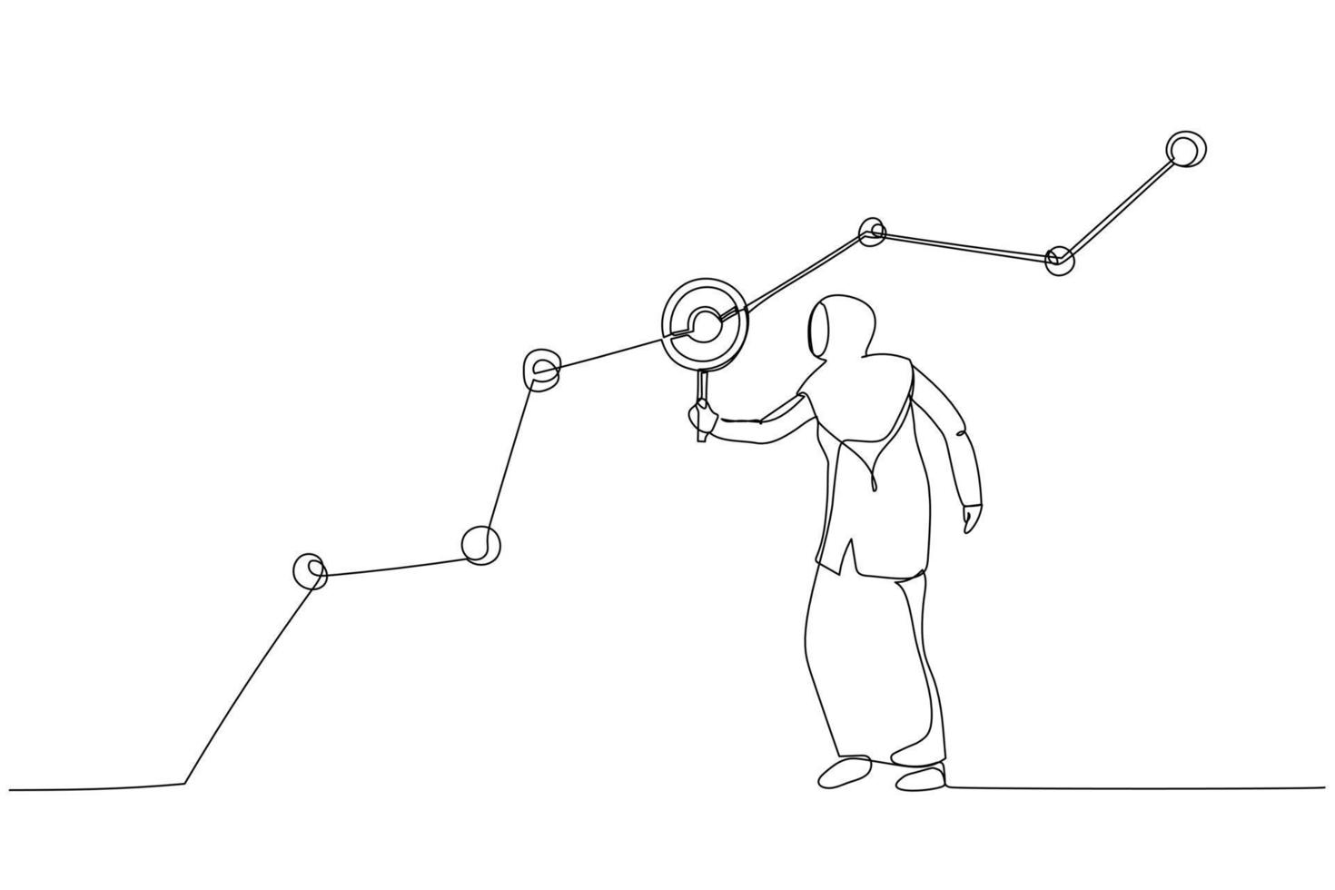 illustration av muslim affärskvinna marknadsförare innehav förstorande glas analysera kund data Graf och Diagram. enda kontinuerlig linje konst vektor