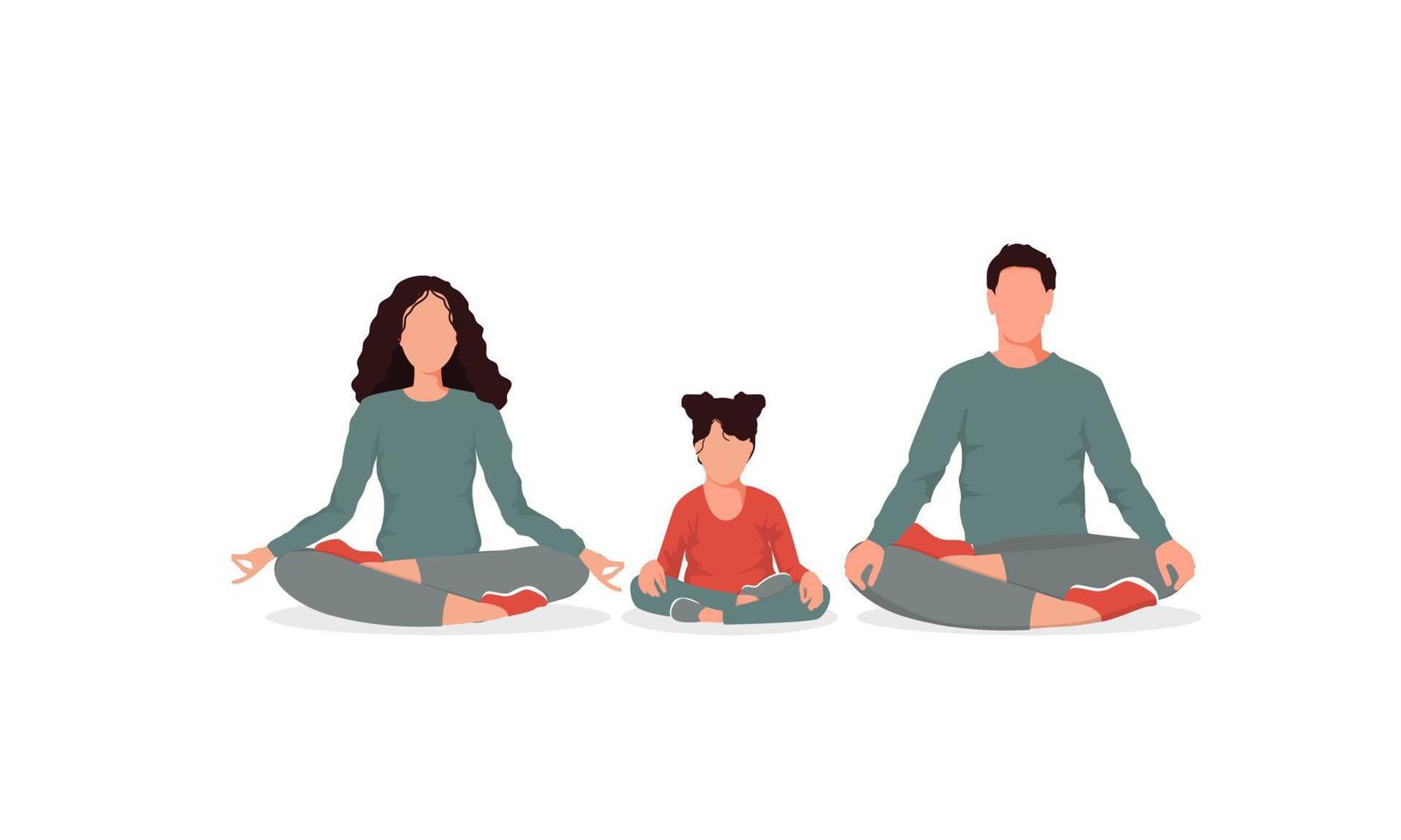 yoga familj. mor, far, och dotter Sammanträde i lotus utgör, mediterar, praktiserande yoga isolerat på de vit bakgrund. vektor illustration