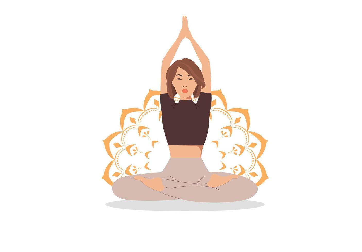 asiatische Frau meditiert in Lotus-Pose mit Mandala auf dem weißen Hintergrund isoliert. Vektor-Illustration vektor