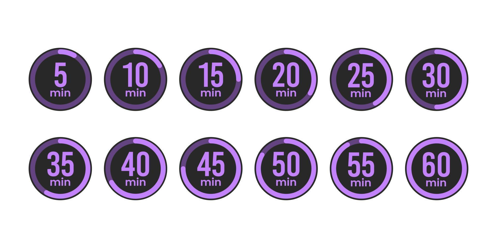 Reihe von violetten digitalen Stoppuhrzifferblättern, die alle 5 Minuten die Zeit anzeigen vektor