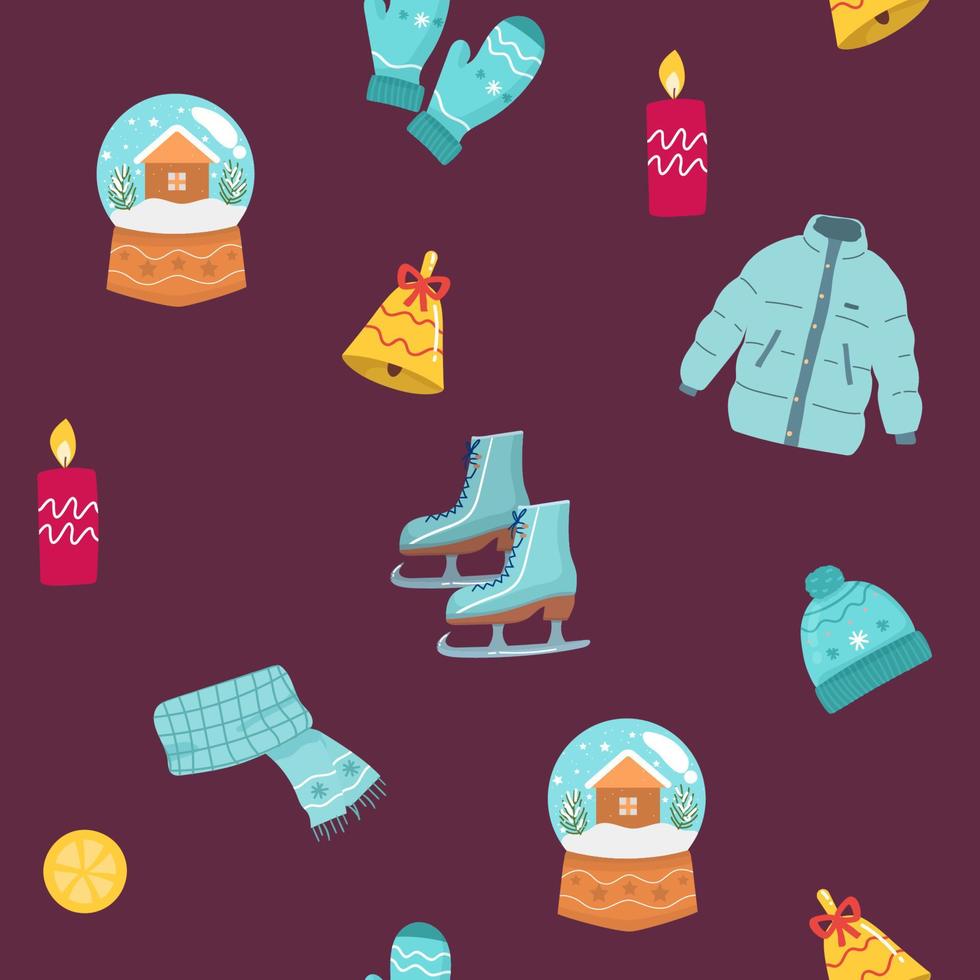 Semester sömlös mönster, jul småkakor. scarf, glas boll, ljus, hatt, jacka, klocka, skridskor xmas vinter- affisch samling. kreativ textur för omslag, textil, tapet. vektor illustration.