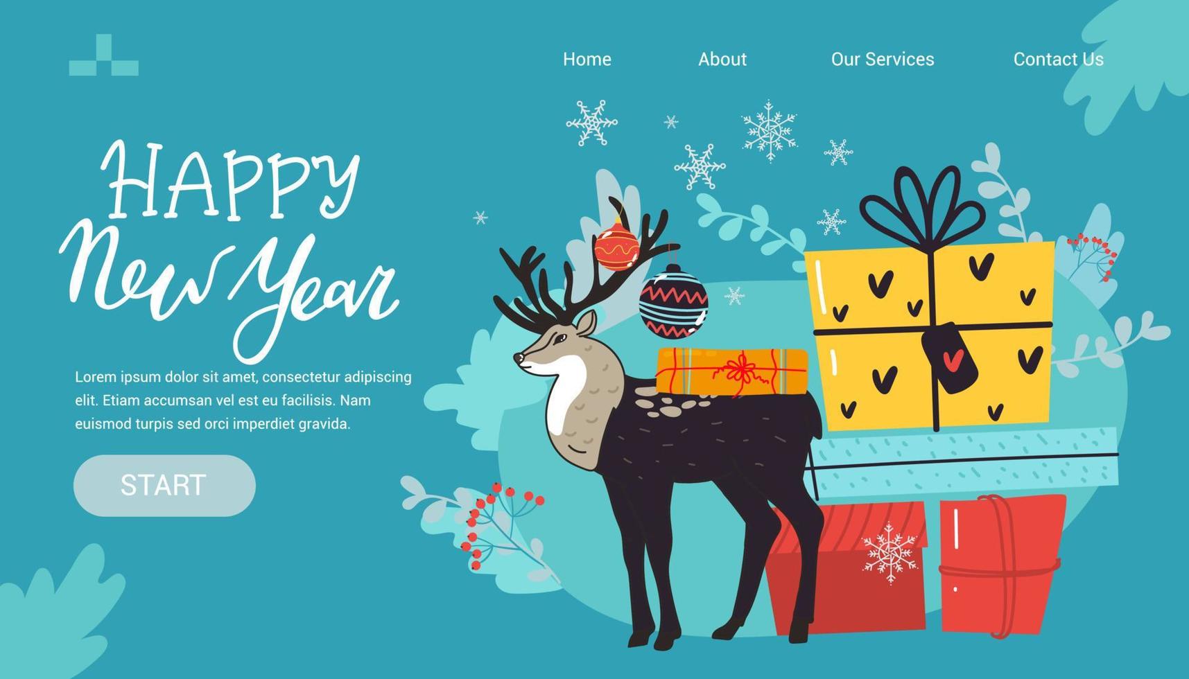 Landing Page Banner mit Weihnachtsmuster, Schriftzug Hirschgeschenke und Schneeflocken. Baumschmuck. Frohes neues Jahr blauer Hintergrund. Vektor bunte Vorlage für Grußkarten.