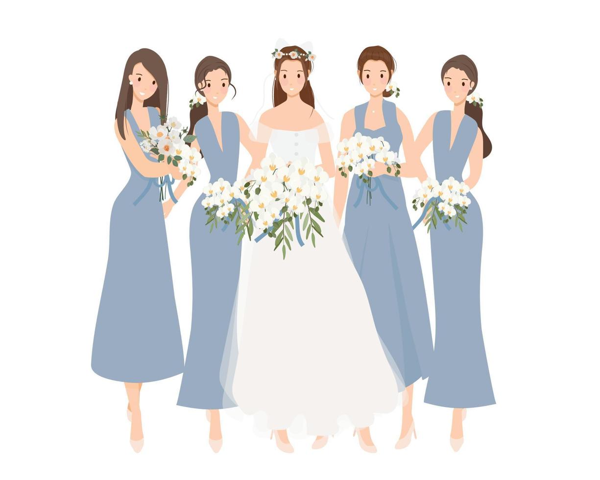 skön Lycklig brud och tärna i blå klänning bröllop ceremoni vektor