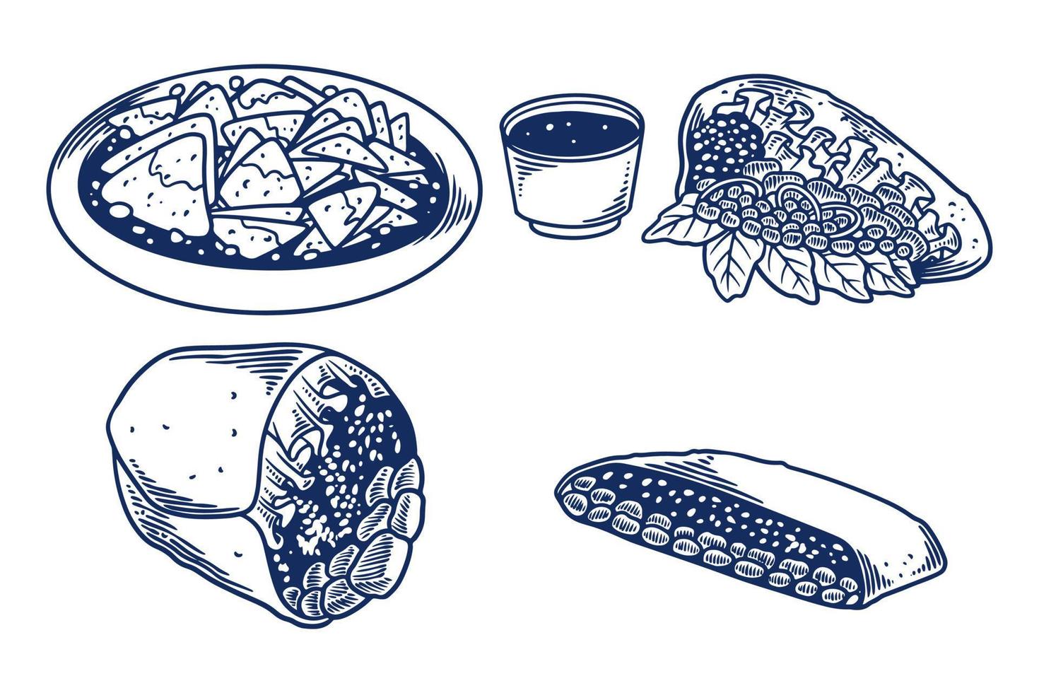 mat gravyr hand teckning uppsättning av mexikansk mat på vit bakgrund. vektor